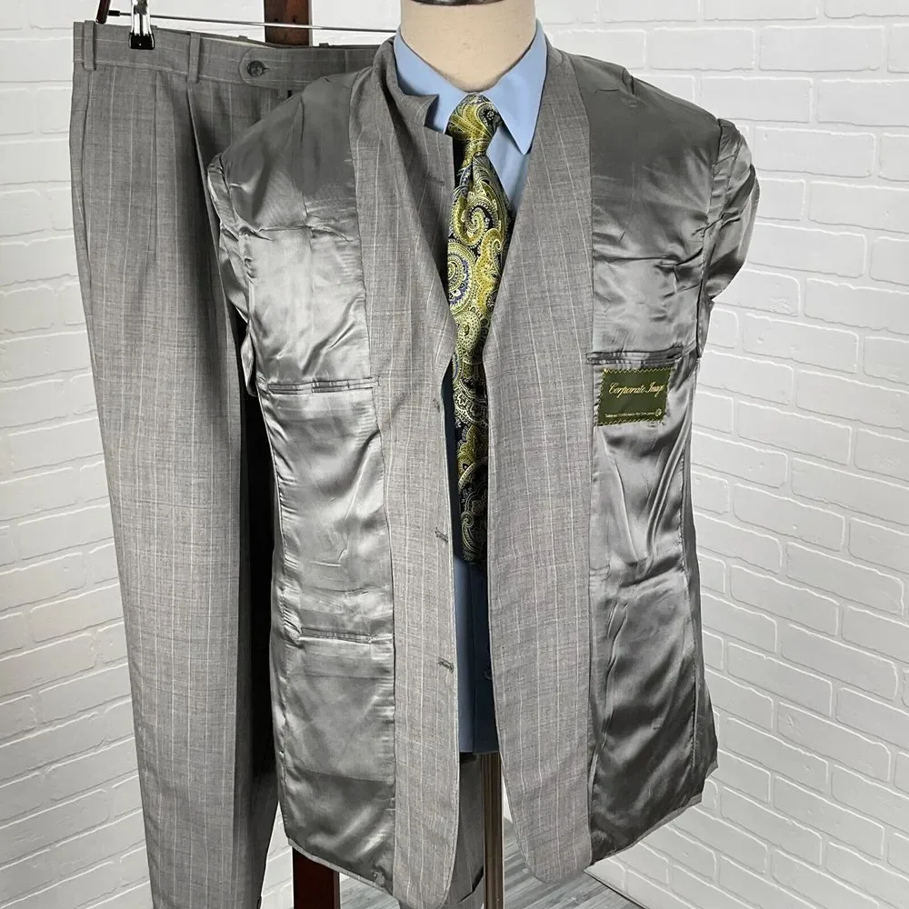 Corporate Image Tom James Suit Men 42 32Wx28L Gray White‎ Stripe Classic USA VTG